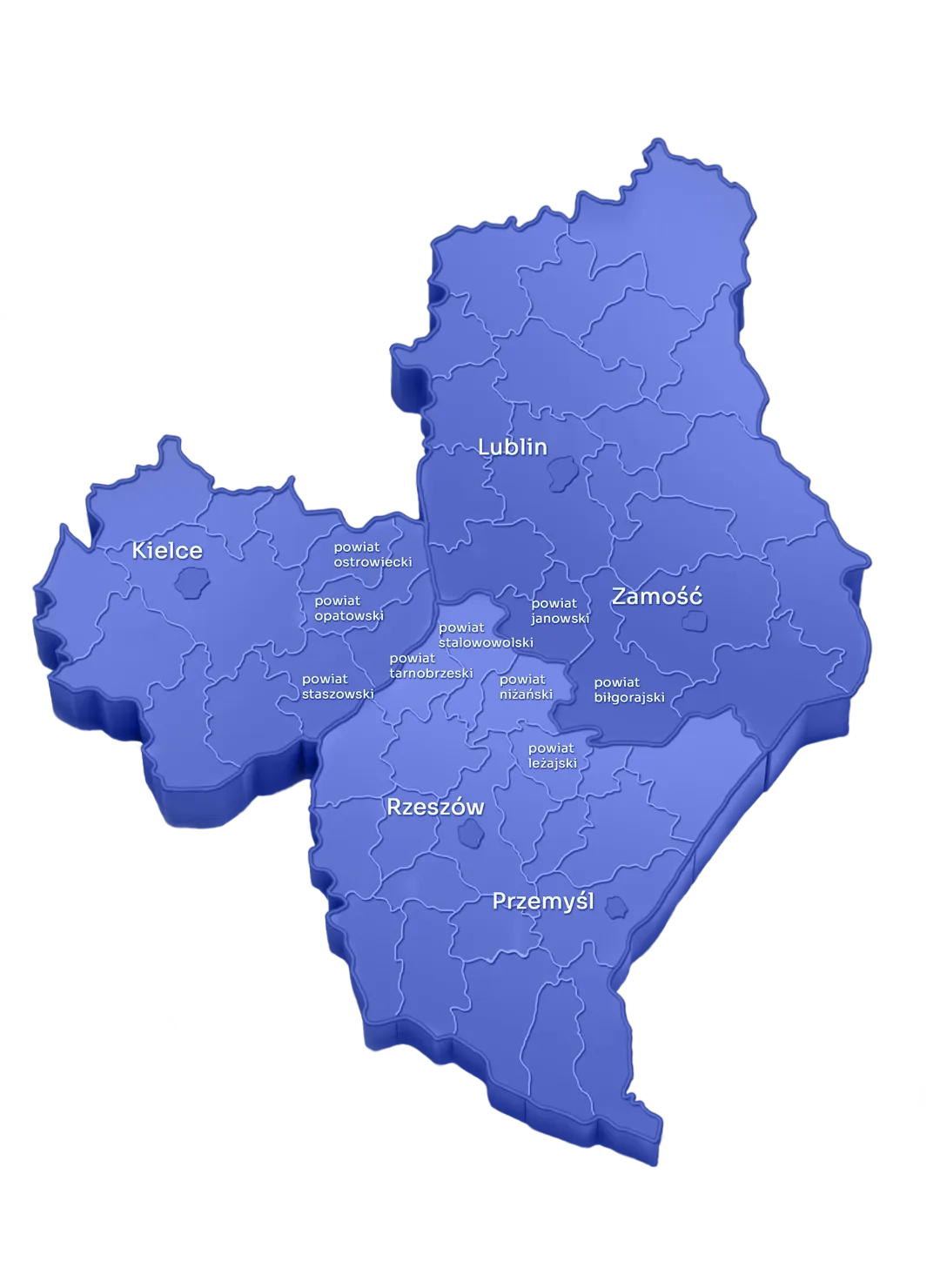 Poglądowa mapa zasięgu: województwa lubelskie, podkarpackie i świętokrzyskie z podziałem na powiaty, z zaznaczonymi Lublinem, Kielcami, Zamościem, Rzeszowem i Przemyślem